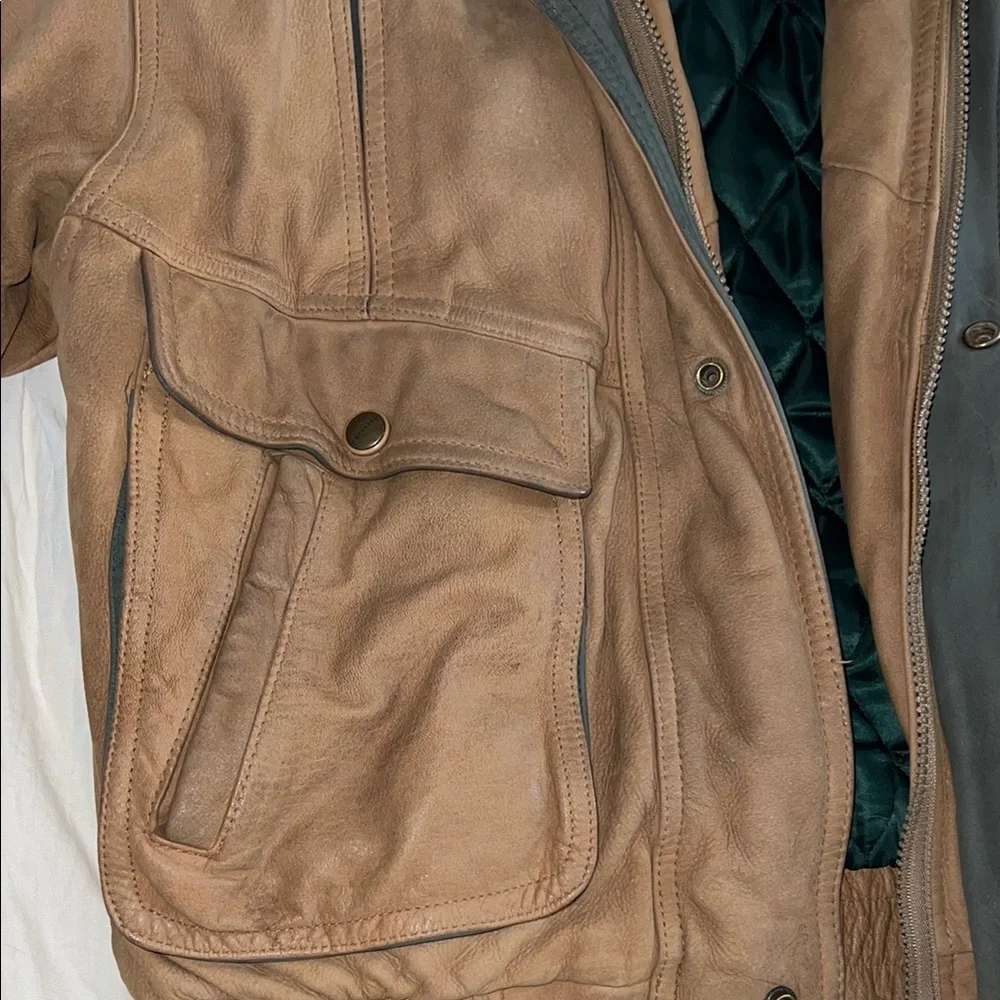 Tan Suede Military Field Jacket with Green Collar & Quilted Lining - Picture 4 of 6
